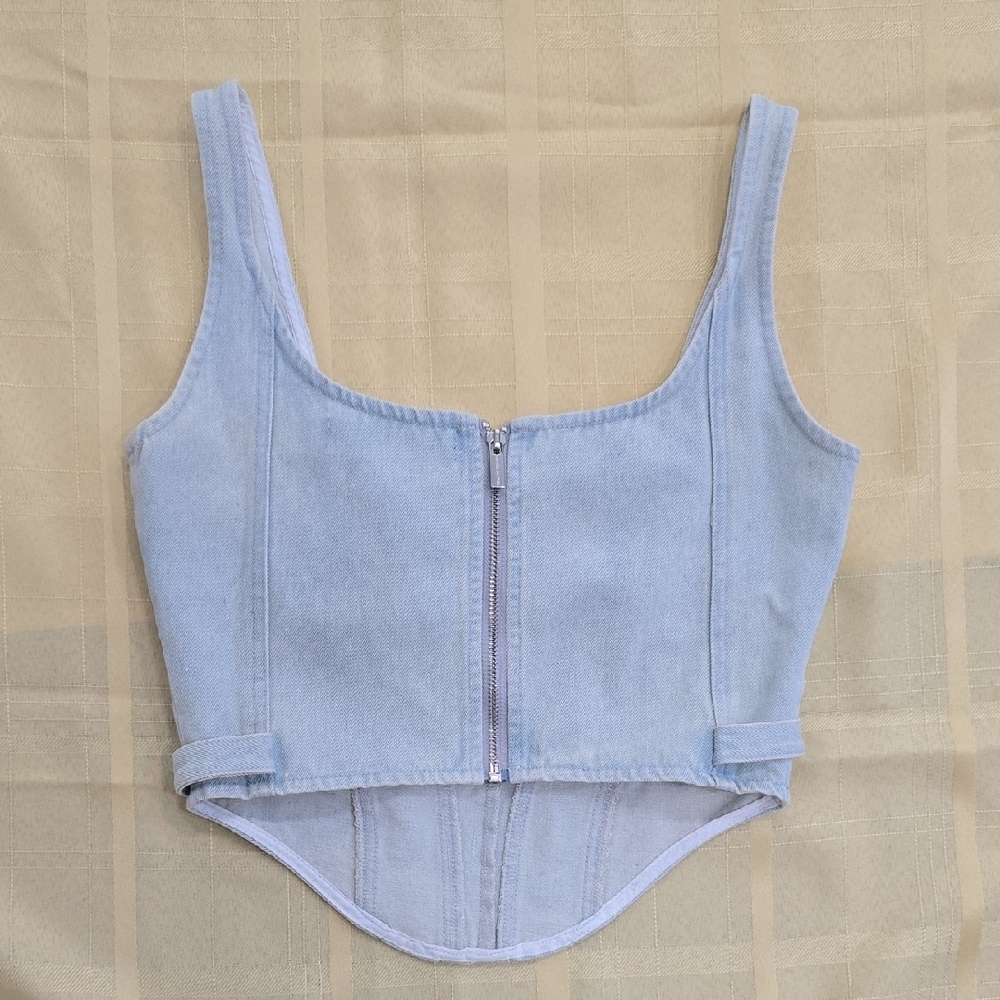 Maniere De Voir Light Blue Denim Corset Tank with Front Zip - Picture 3 of 5